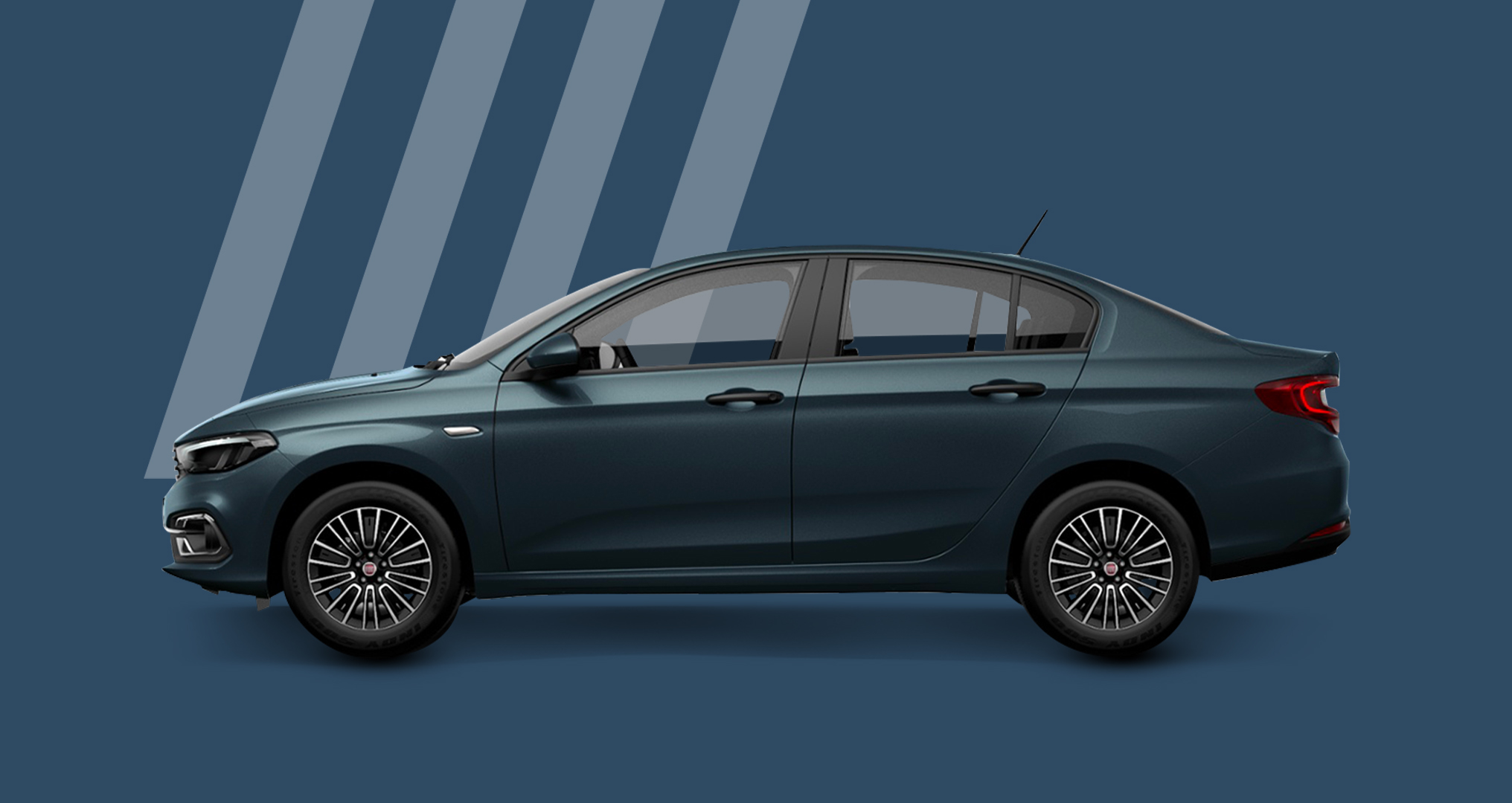 منظر جانبي لسيارة Fiat Tipo سيدان بلون أزرق مخضر داكن